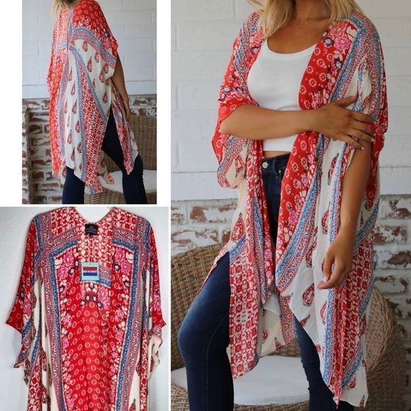 1️⃣1️⃣ Angie Womens Kimono Red One Size OS Duster Cover up Boho Bohemian - Picture 1 of 4
